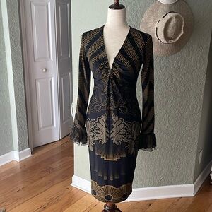 Roberto Cavalli Black & Gold Bodycon Dress with plunging neckline